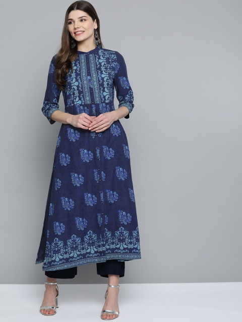 

HERE&NOW Women Navy Blue Ethnic Motifs Pure Cotton A-Line Kurta
