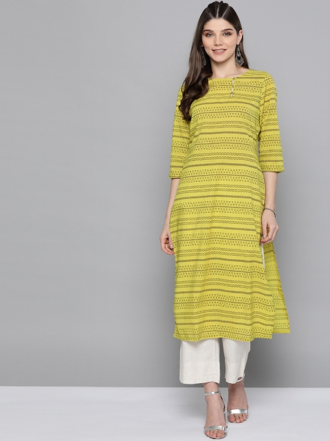 

HERE&NOW Women Green & Brown Striped Keyhole Neck Straight Cotton Kurta