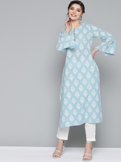 

HERE&NOW Women Blue & White Pure Cotton Ethnic Motifs Printed Bell Sleeves Kurta