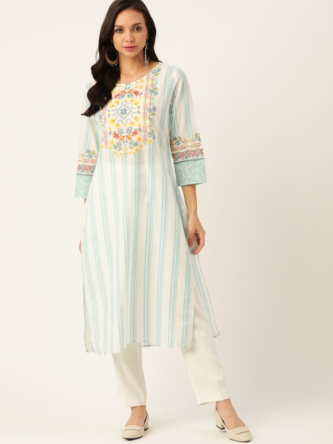 

Moda Rapido Women Off White & Blue Relax Fit Striped Straight Kurta