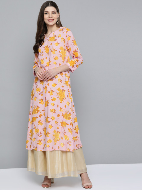 

Here&now Women Pink & Yellow Floral Printed Kurta