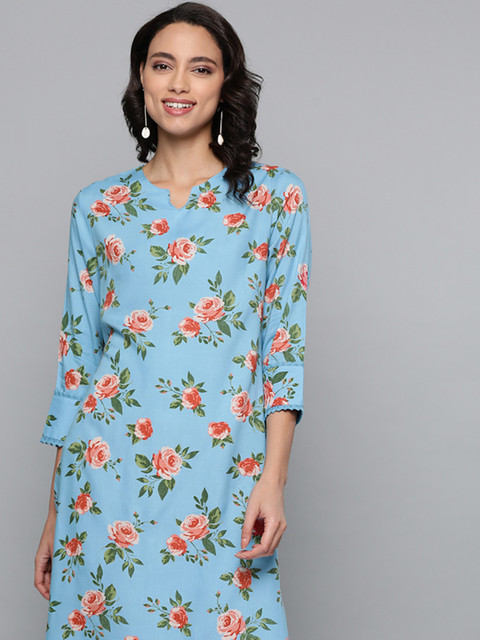 

HERE&NOW Women Blue & Red Floral Printed Kurta