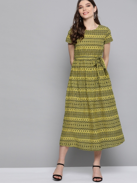 

HERE&NOW Women Olive Green Printed A-Line Dress