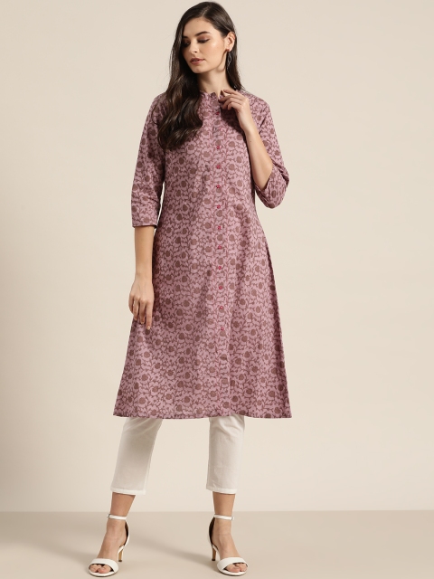 

Moda Rapido Women Mauve Ethnic Motifs Printed Thread Work Front-Open A-Line Kurta