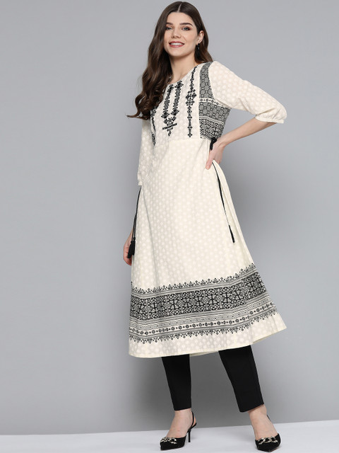 

HERE&NOW Women Off White & Black Ethnic Motifs Printed Pure Cotton Thread Work Kurta