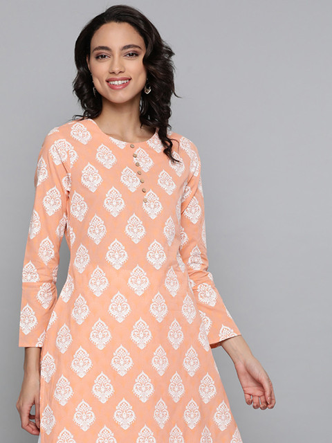 

Here&now Women Peach-Coloured & White Ethnic Motifs Pure Cotton Printed Kurta