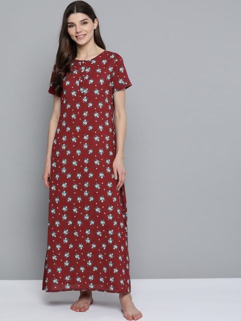 

HERE&NOW Maroon & White Floral Printed Pure Cotton Maxi Nightdress