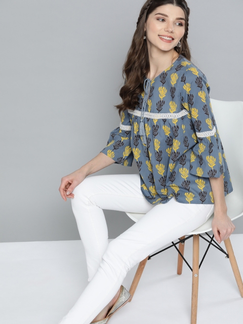 

HERE&NOW Blue & Yellow Printed Tie-Up Neck Bell Sleeves Pure Cotton A-Line Top