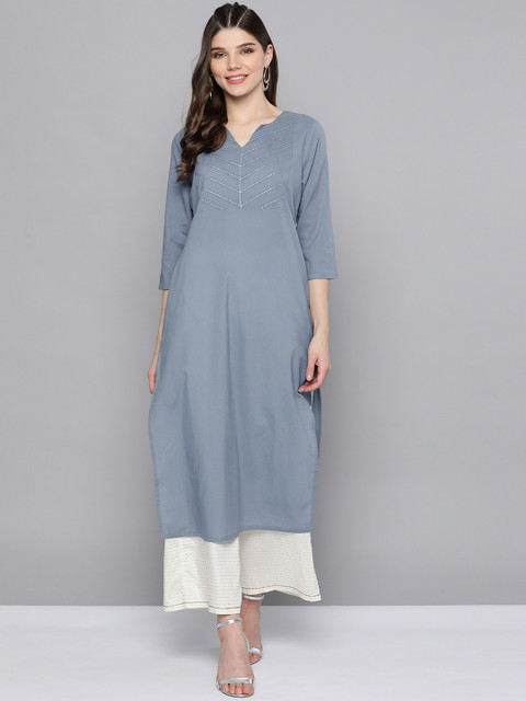 

HERE&NOW Women Blue Pure Cotton Chevron Yoke Design Thread Work Kurta