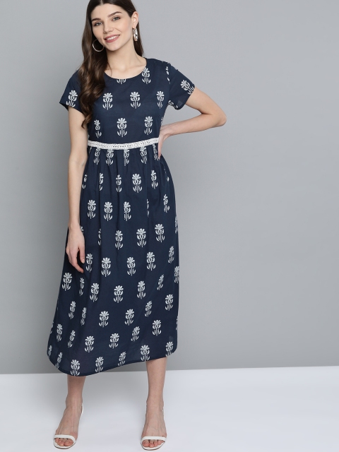 

HERE&NOW Women Navy Blue & White Printed Pure Cotton A-Line Dress