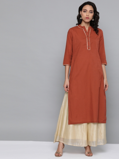 

HERE&NOW Women Rust Brown Solid Pure Cotton Straight Kurta