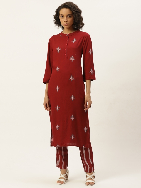 

Moda Rapido Women Maroon Ethnic Motifs Embroidered Kurta with Trousers
