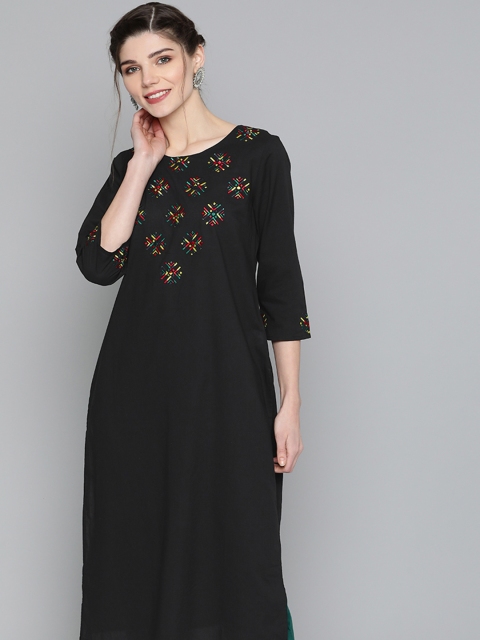 

HERE&NOW Women Black Pure Cotton Geometric Yoke Design Thread Work Kurta
