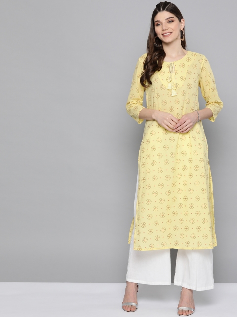 

Here&Now Women Yellow & Gold-toned Pure Cotton Geometric Print kurta