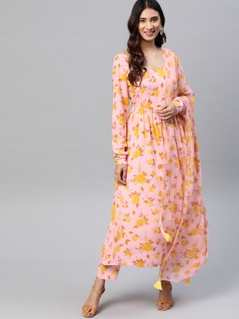 

HERE&NOW Women Pink & Yellow Floral Print Kurta with Palazzos & Dupatta