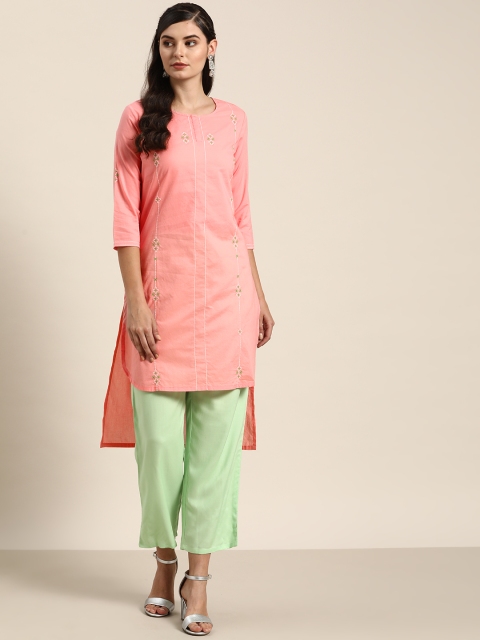 

Moda Rapido Women Pink & White Pure Cotton Embroidered High-Low Straight Kurta