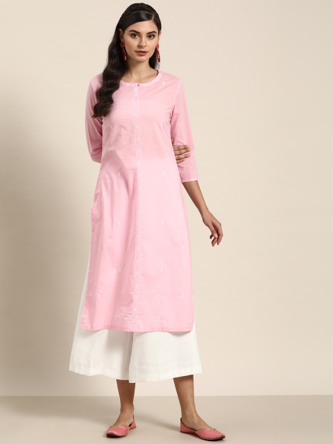 

Moda Rapido Women Pink & White Embroidered Pure Cotton Straight Kurta