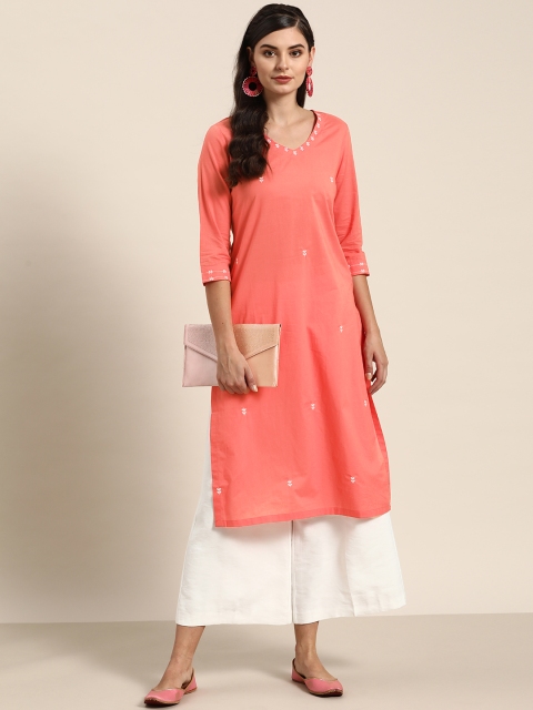 

Moda Rapido Women Coral Red & White Embroidered Pure Cotton Straight Kurta