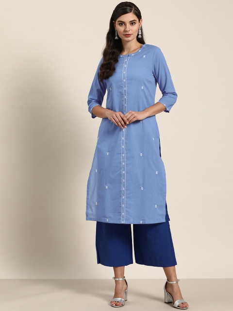 

Moda Rapido Women Blue & White Embroidered Pure Cotton Straight Kurta