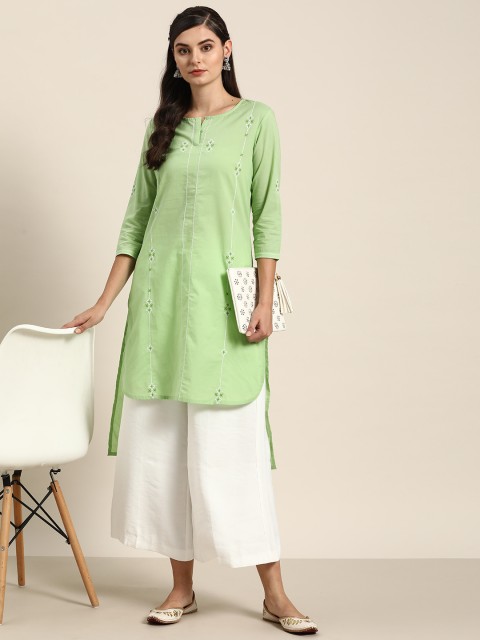 

Moda Rapido Women Green & White Pure Cotton Embroidered High-Low Straight Kurta