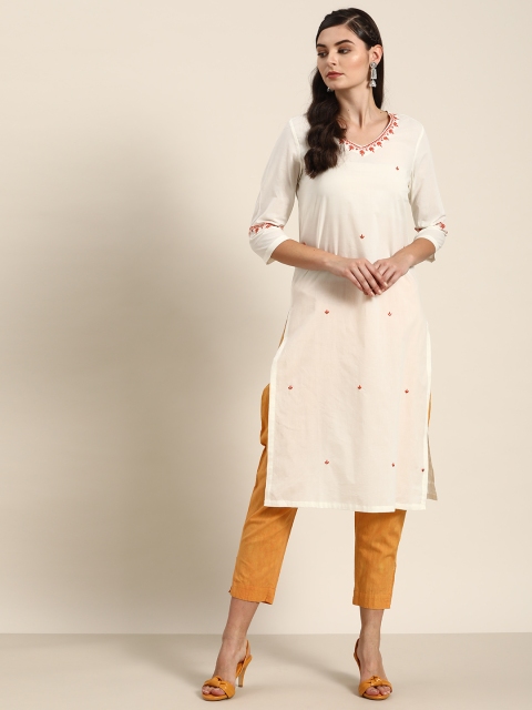 

Moda Rapido Women Off White & Orange Ethnic Embroidered Pure Cotton Straight Kurta