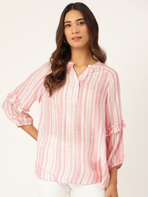 

Madame Women Pink & White Striped Mandarin Collar Shirt Style Top