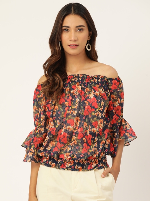 

Madame Women Navy Blue & Orange Floral Printed Off-Shoulder Bardot top