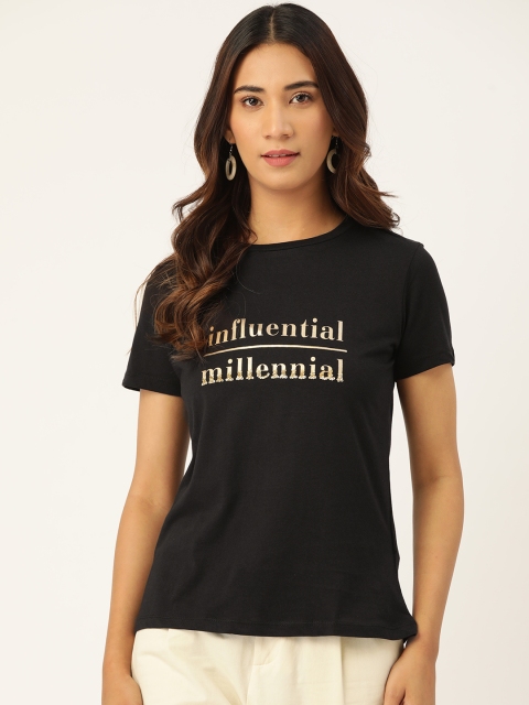 

Madame Women Black Pure Cotton Printed Round Neck T-shirt
