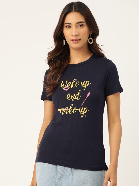 

Madame Women Navy Blue & Mustard Yellow Pure Cotton Printed Round Neck T-shirt