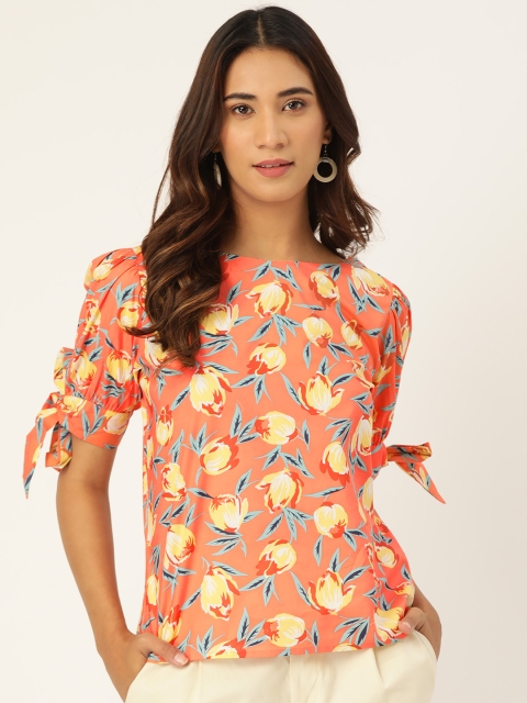 

Madame Women Peach-Coloured & Yellow Pure Cotton Floral Printed Puff Sleeves Top