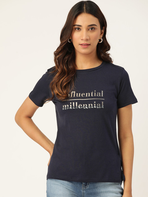 

Madame Women Navy Blue & Silver Pure Cotton Printed Round Neck T-shirt