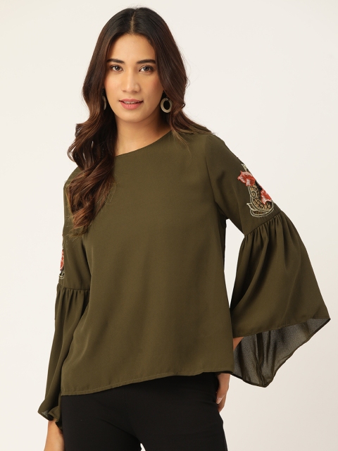 

Madame Women Olive Green Solid Bell Sleeves Top