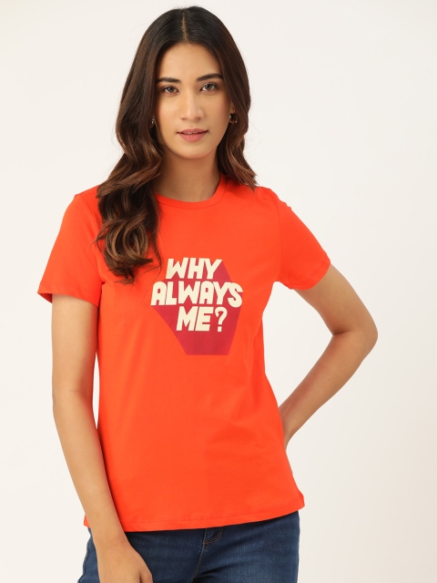 

Madame Women Orange Pure Cotton Printed Round Neck T-shirt