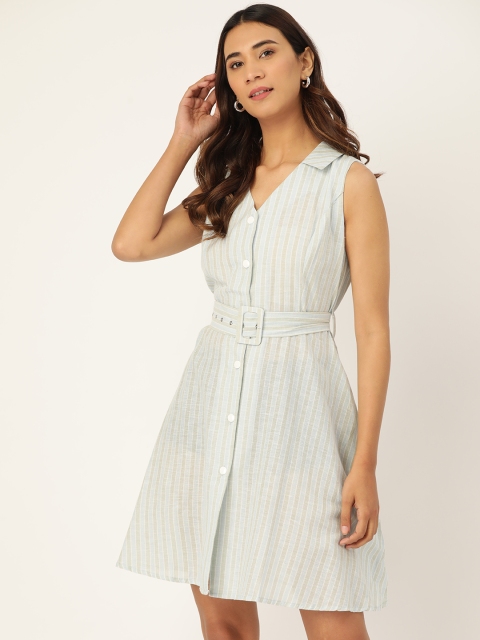 

Madame Women Blue Striped Shirt Dress with Belt