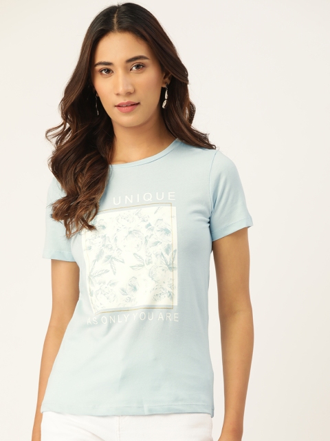 

Madame Women Blue & White Pure Cotton Floral Printed Round Neck T-shirt