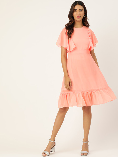 

Madame Women Coral Pink Solid A-Line Dress