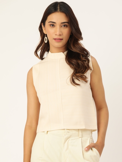 

Madame Women Beige & White Striped High Neck Top