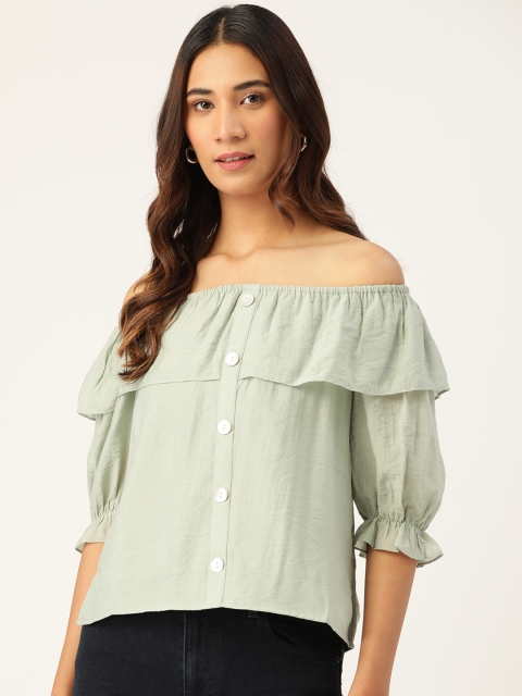 

Madame Women Green Self-Striped Bardot top