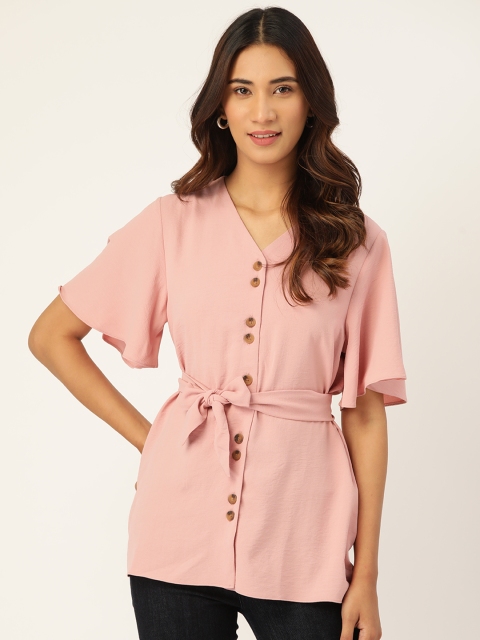 

Madame Women Dusty Pink Solid Flared Sleeves Tie-Up Waist Top