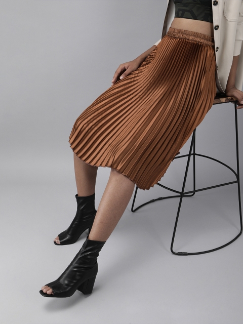 

RARE Women Brown Accordion Pleated Solid A-Line Midi Skirt