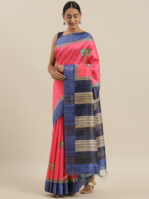 

The Chennai Silks Classicate Pink & Navy Blue Viscose Rayon Printed Chanderi Saree