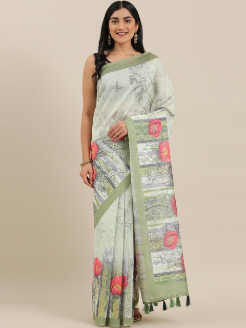 

The Chennai Silks Classicate Green Poly Silk Floral Printed Bhagalpuri Saree
