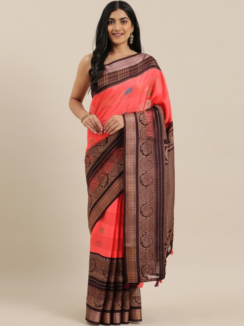 

The Chennai Silks Classicate Coral Pink Poly Silk Woven Design Bhagalpuri Saree