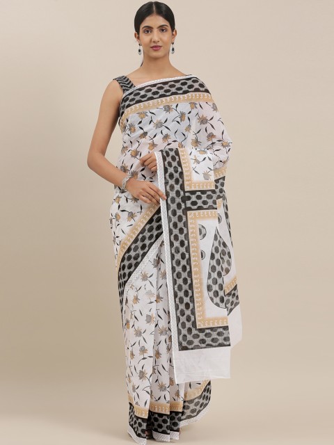 

The Chennai Silks Classicate White & Black Pure Cotton Floral Printed Saree