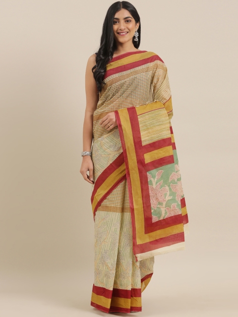 

The Chennai Silks Classicate Beige & Green Pure Cotton Floral Printed Saree