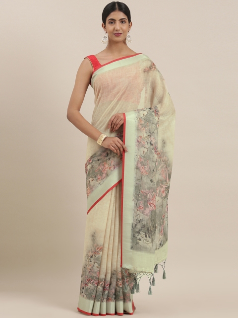 

The Chennai Silks Classicate Green Printed Linen Blend Saree