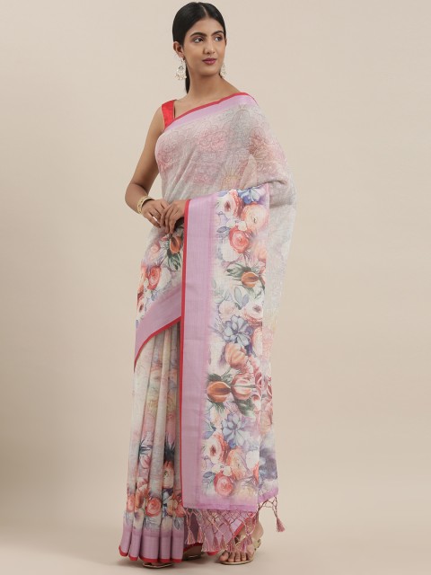 

The Chennai Silks Classicate Multicoloured Floral Printed Linen Blend Saree, Multi