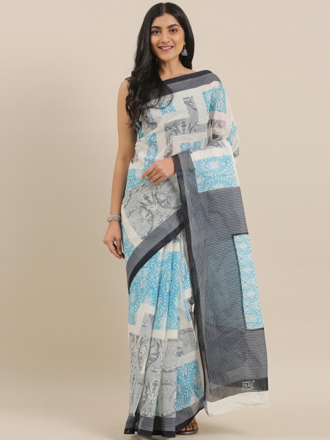 

The Chennai Silks Classicate Off-White & Blue Pure Cotton Printed Saree