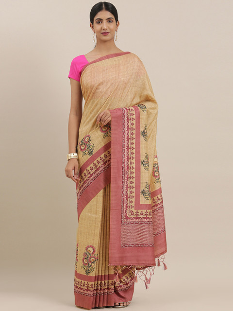 

The Chennai Silks Classicate Beige & Pink Viscose Rayon Printed Chanderi Saree