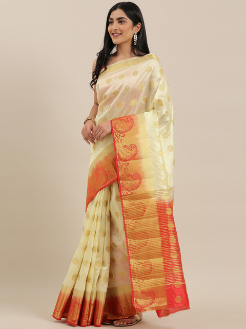 

The Chennai Silks Classicate Cream-Coloured & Golden Viscose Rayon Woven Design Saree